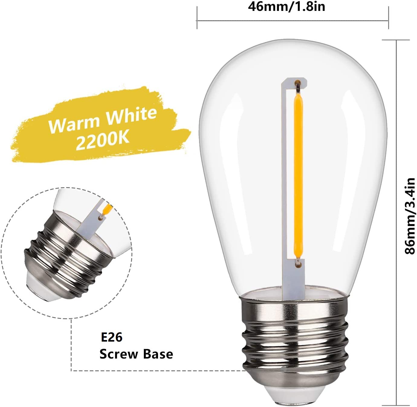FUTIME S14 LED String Light Bulbs - 48 Pack, 1W Shatterproof & Waterproof, E26 Base, Warm White 2200K, Model JL003