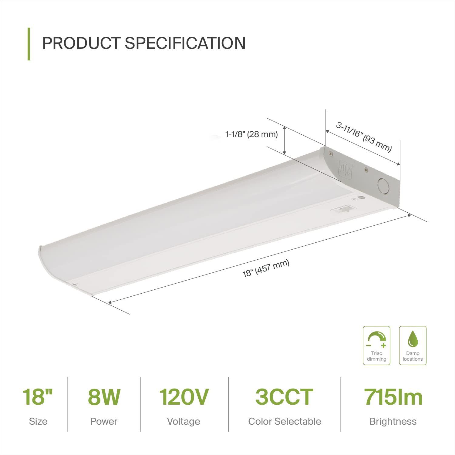 Asd Led Under Cabinet Lighting, 18 Inch 8W 715 Lm, Dimmable Hardwired Under Cabinet Lights For Kitchen, 3000K Soft/4000K Cool/50