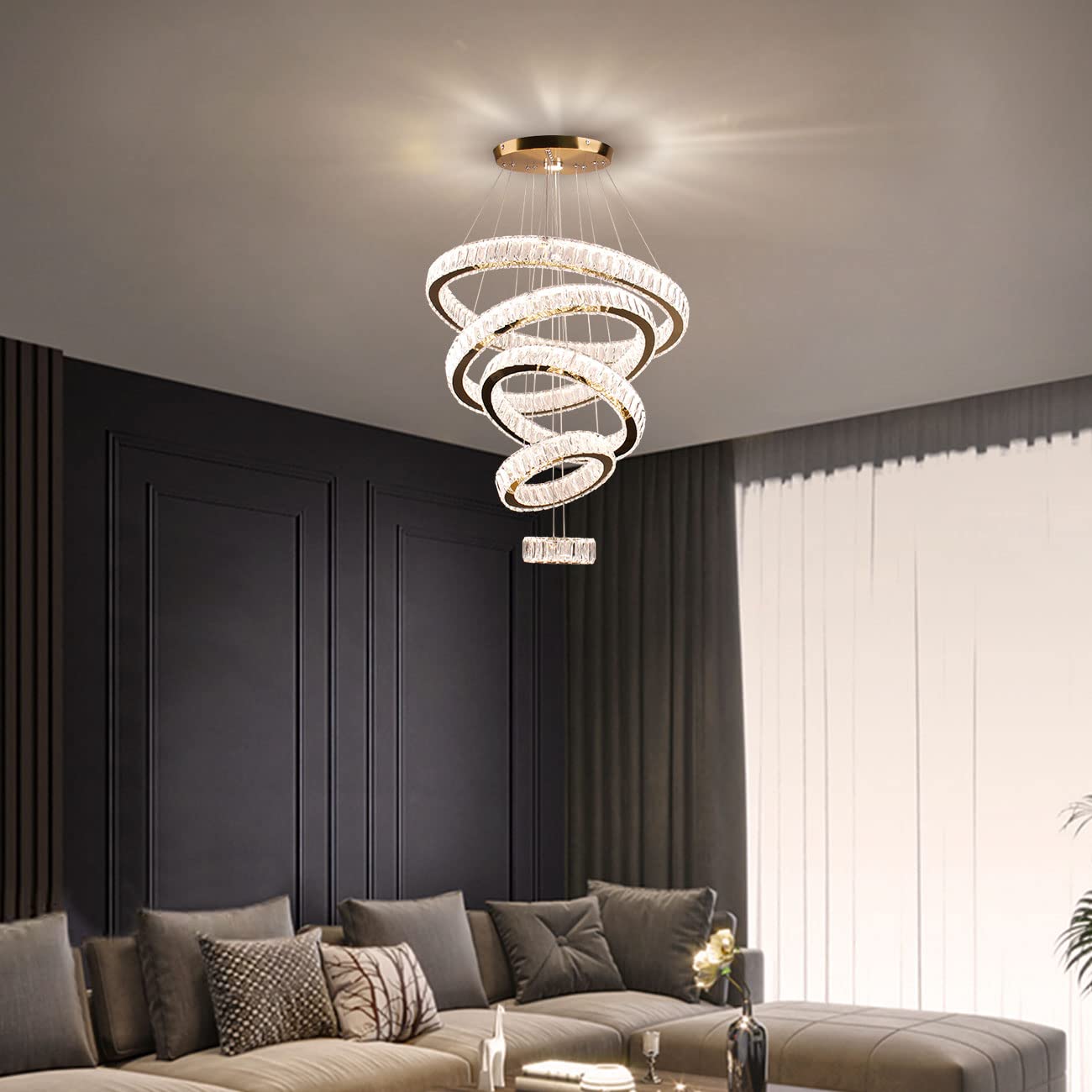 Dixun LED Big Crystal Chandeliers Modern 5 Rings Pendant Light Adjustable Ceiling Light for Bedroom Dinning Room Kitchen (Multic