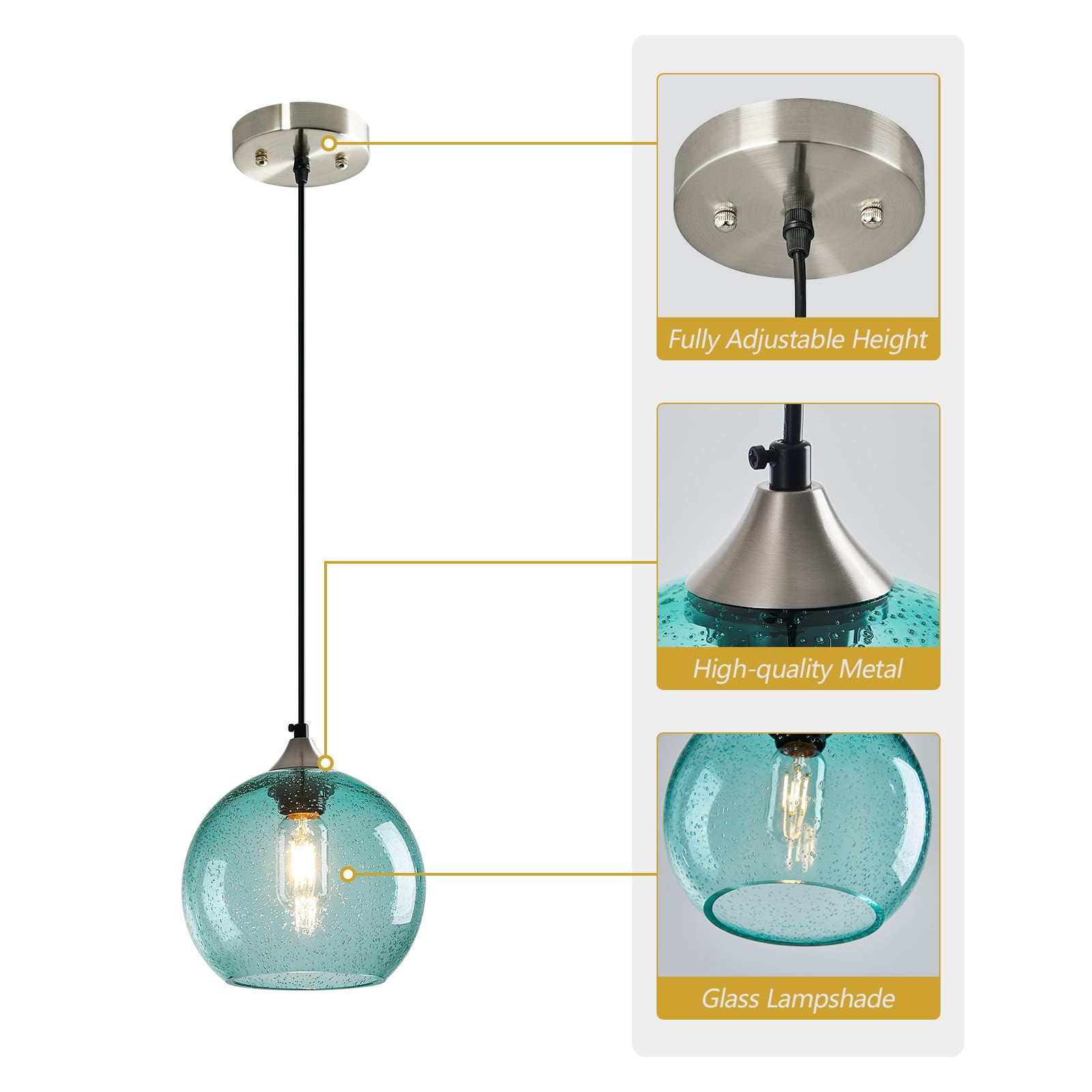 Lbsqj Light Blue Glass Pendant Lights Kitchen Island Lighting Globe Pendant Light Fixtures Modern Pendant Lighting For Bedroom Living Dining Room Light Fixture (7.87 In  3 Pack)