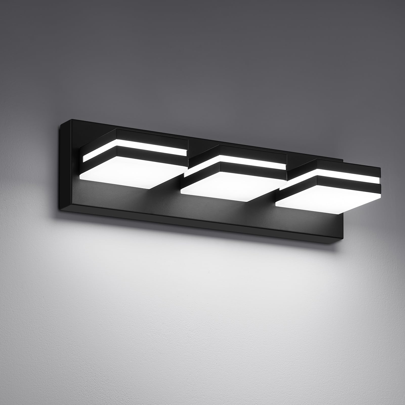 Jzekvn Modern Led Bathroom Lights Fixtures(3-Light) Metal Black Acrylic Wall Lighting Vanity Lights For Bathroom Over Mirror(6000K 16In