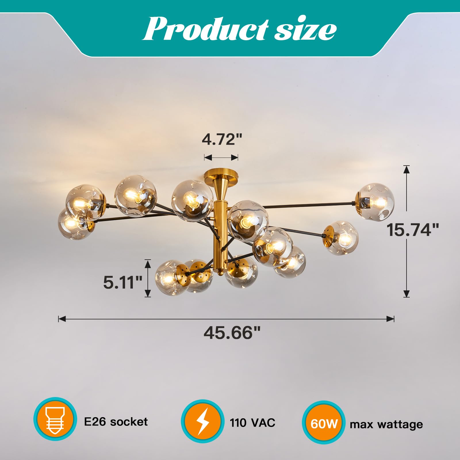 hesoge Large 12-Light Sputnik Semi Flush Mount Chandelier, Gold Iron Fixture, Mid Century Modern for Living Room & Kitchen, Model H-2148