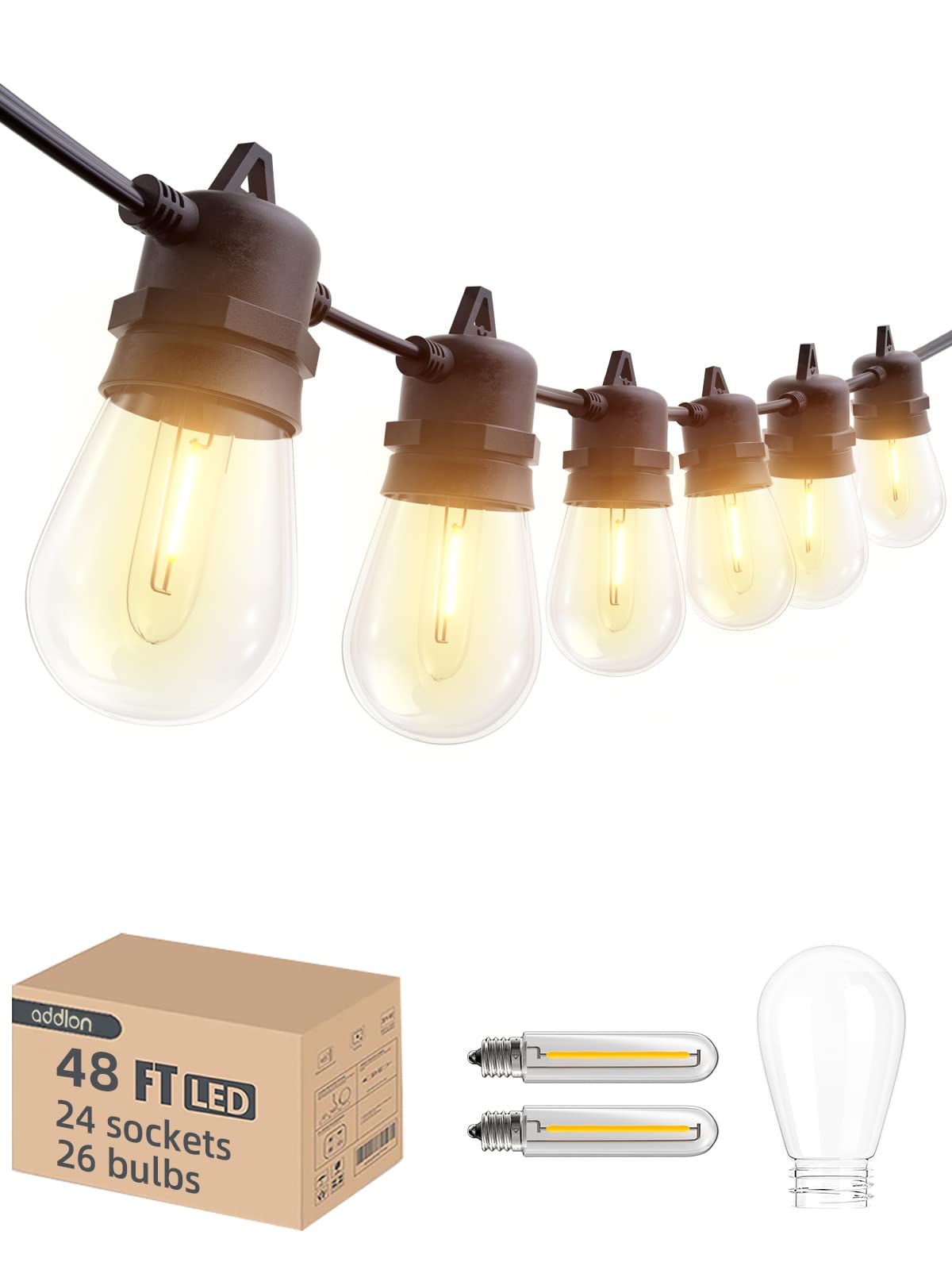 Addlon 48Ft(2Ft Space) Led Outdoor String Lights With 24 Edison Shatterproof Bulbs, Heavy-Duty And Weatherproof Strand, Commerci