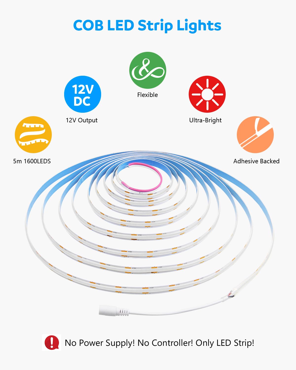 Aclorol Blue Cob Led Strip Lights 16.4Ft Led Tape Lights 12 Volt For Living Room Bedroom Kitchen Cabinet Closet Other Home Indoo