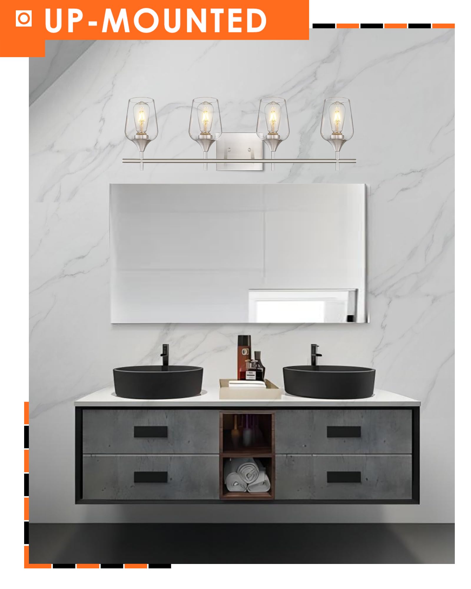 Osimir 4-Light Bathroom Lighting Fixture, Brushed Nickel Vanity Lights with Clear Glass, 24 Inch, Model WL9167-4C