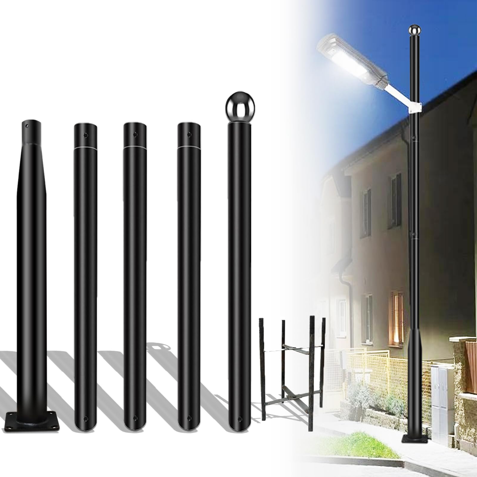 BeoYjVon 16Ft Tall Street Light Pole - Heavy Duty Metal Lamp Post for Solar Lights - Black - Model BV-1106-16ft