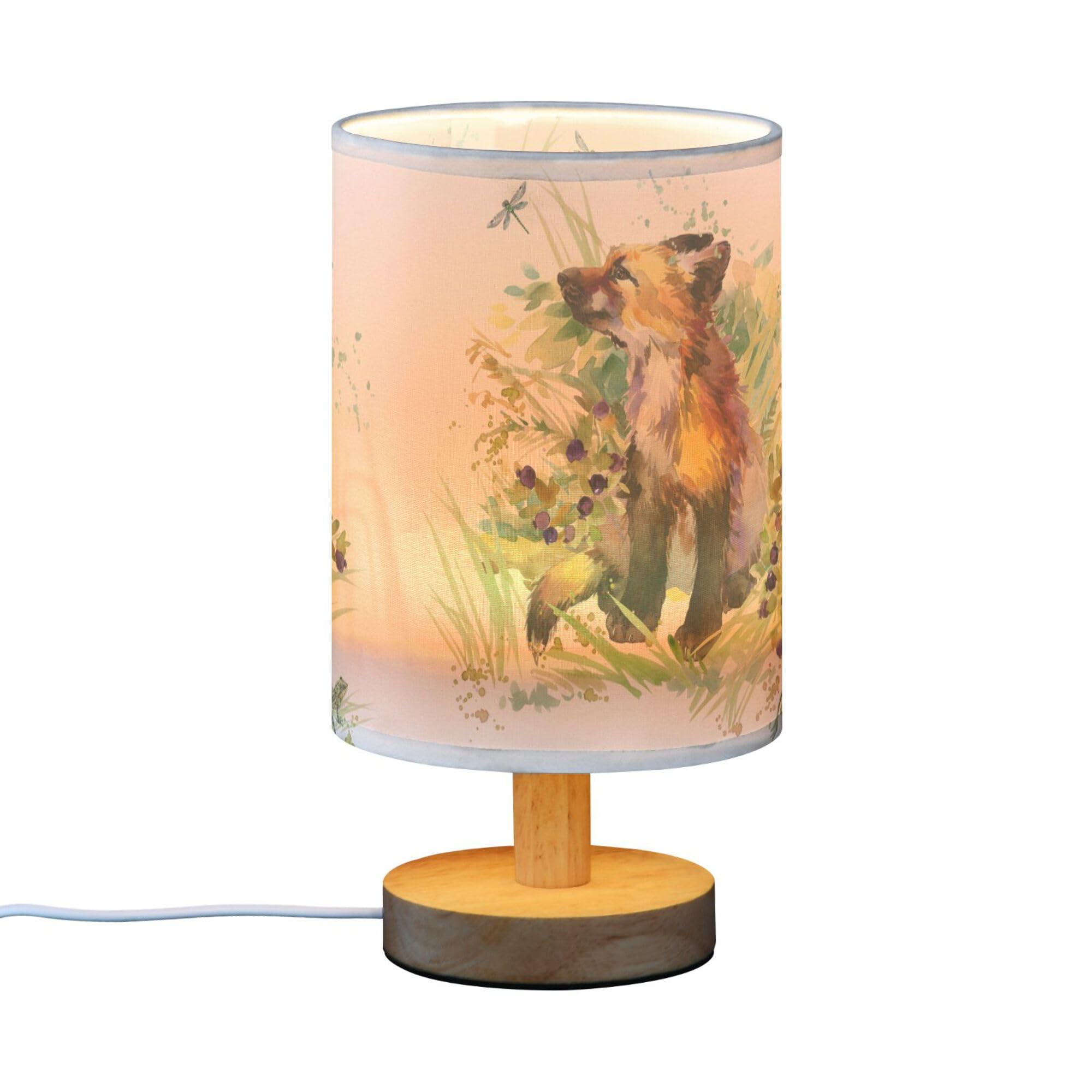 Yyzzh Table Lamp Fox Animal Dragonfly Frog In Floral Grass Woodland Nightstand Lamp With Wood Base Fabric Lamp Shade Bedside Des