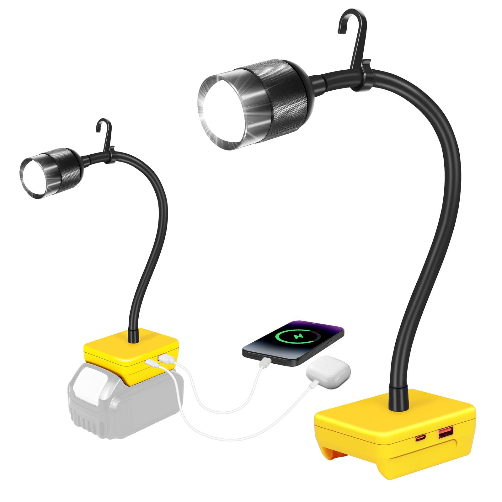 Cordless LED Work Light Compatible with Dewalt 20V Battery - 30W Portable Tool Light with 360Flexible Gooseneck, USB/Type-C Char