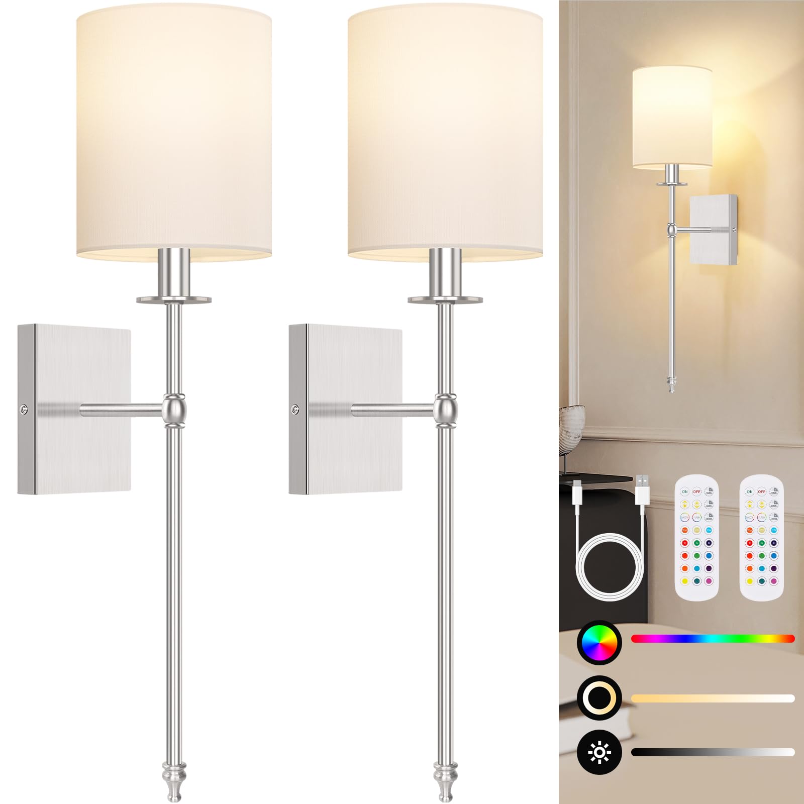 27 Inch Battery Operated Wall Sconces Set of 2 with Remote  Brushed Nickel Rechargeable Wireless Wall Lights with White Fabric Shade  Cordless Wall Lamps with Dimmable Detachable Bulbs for Bedroom