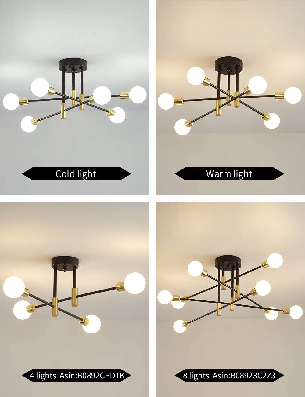 Biewalk Sputnik Chandelier Mid Century Modern Nordic Pendant Lighting 4 Lights Ceiling Light Fixture Black Light For Living Room, Kitchen, Bedroom, Dining Room
