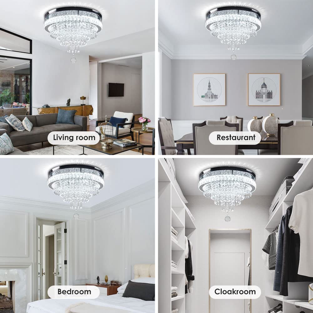 FRIXCHUR Modern Crystal Chandelier, 19.7" Dimmable LED Ceiling Light, Stainless Steel, Remote Control for Bedroom & Living Room, Model MC096