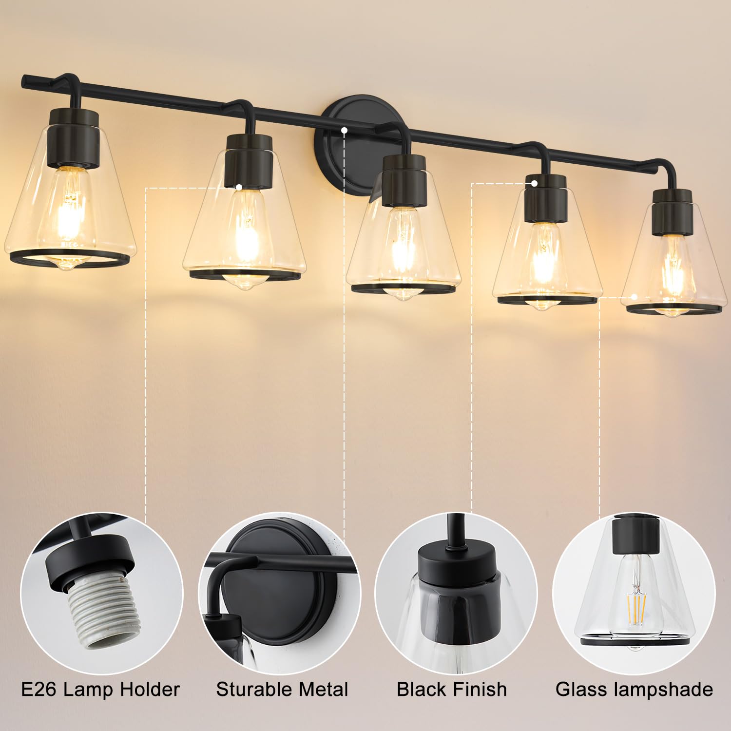 Nadosa Bathroom Vanity Light 5 Light, Modern Vanity Lighting Fixture For Bathroom, 38.5" Vanity Lights With Clear Glass Shade, Black Bathroom Wall Light Over Mirror, Wall Sconces For Bath