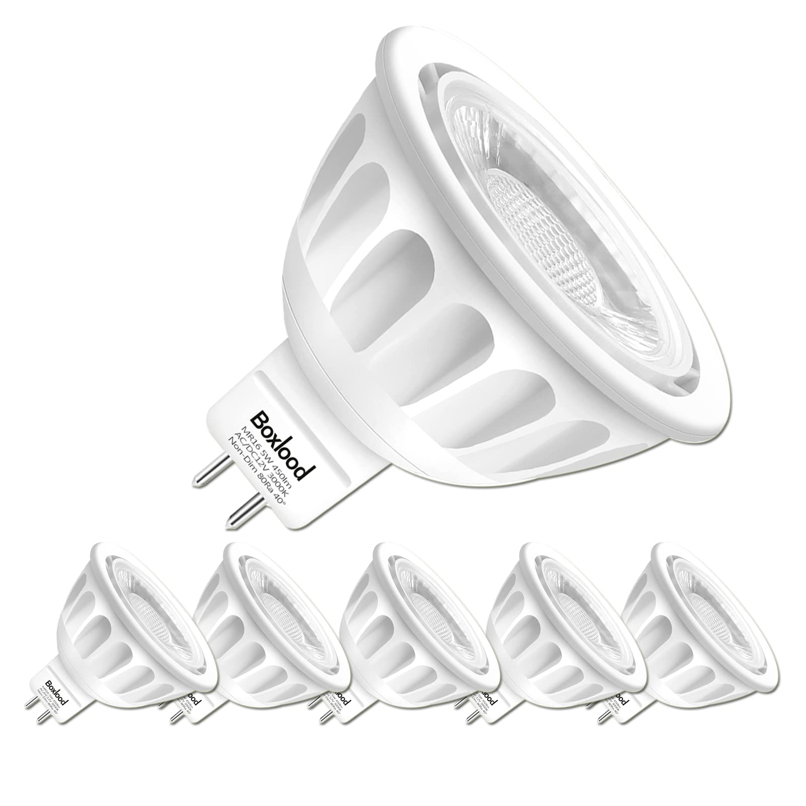 Boxlood MR16 LED Light Bulb, 5W, 3000K Warm White, GU5.3 Bi-Pin Base, 6-Pack, Energy Saving, Non-Dimmable