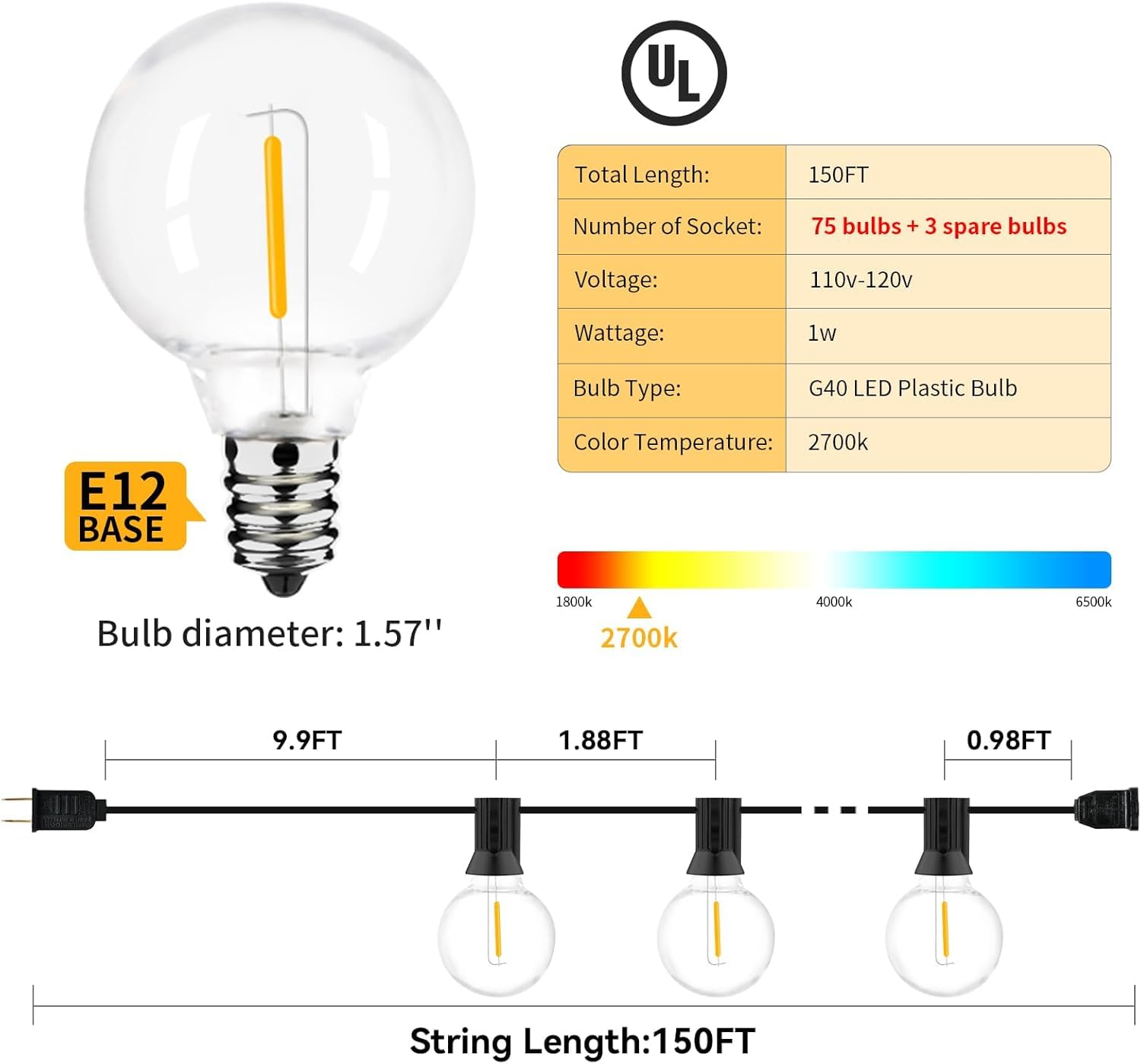 Arbrac 150ft Outdoor String Lights, Waterproof, Dimmable, UL Listed, Black Wire, G40 Shatterproof Bulbs, Ideal for Patio, Garden, Party