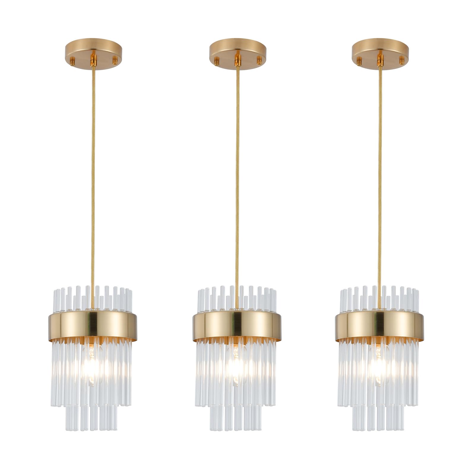 Dijiahua Pendant Lights Kitchen Island Gold 3 Pack Crystal Pendant Light Fixtures Over Table  Mini Brass Dining Room 1-Light Chandelier Modern Adjustable Cord Hanging Lamp for Bedroom Sink