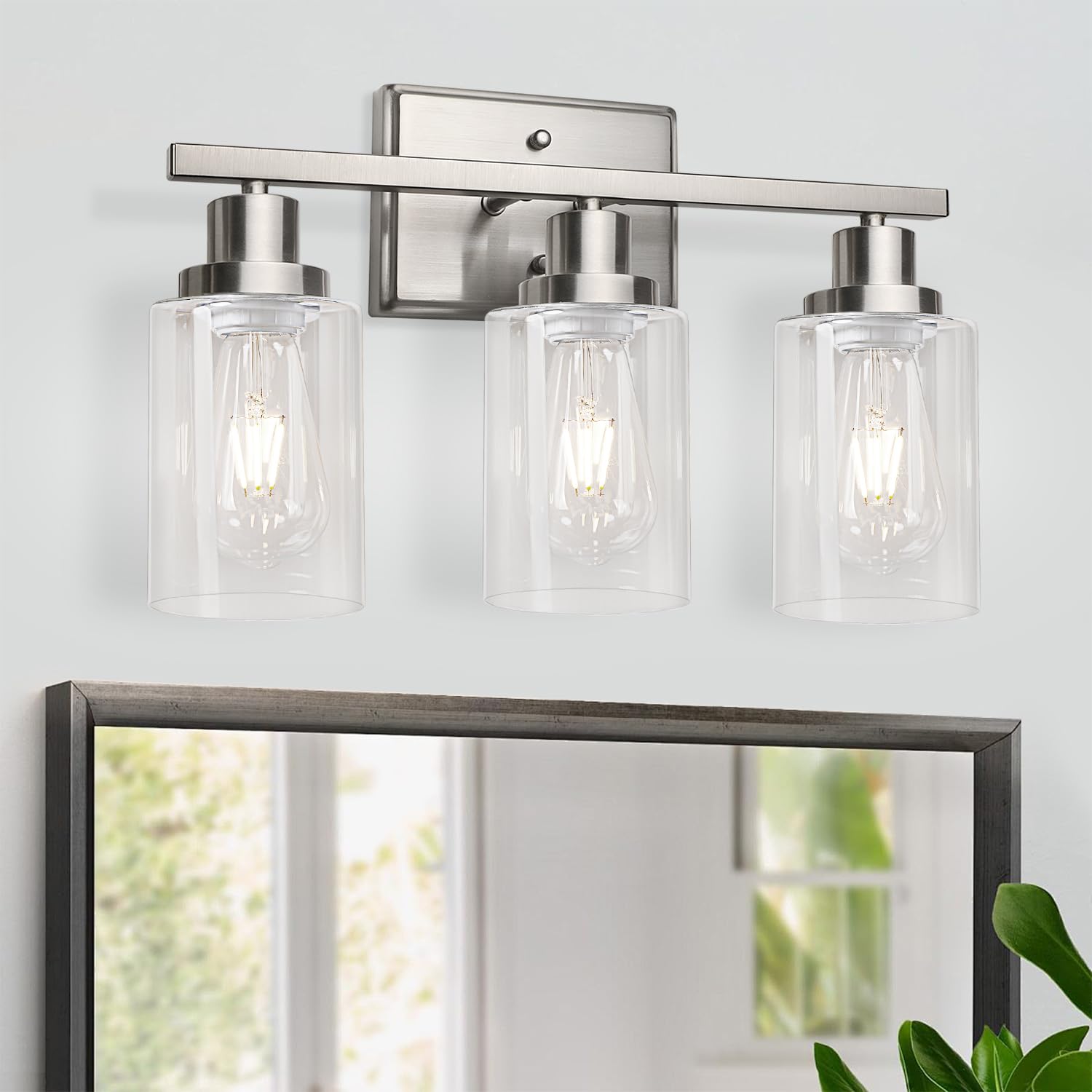Ascher Bathroom Vanity Light Fixtures, 3 Light Wall Sconces Lighting With Clear Glass Shade, Brushed Nickel Wall Lights For Mirr
