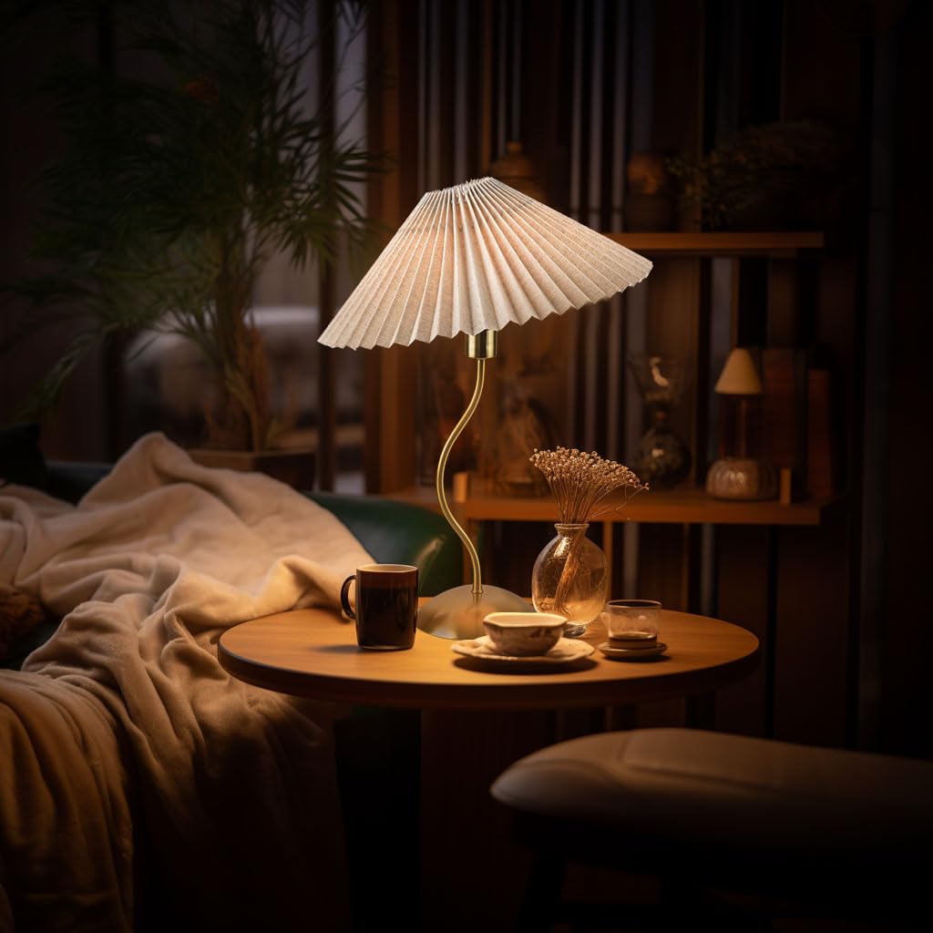 KUNJOULAM Small Pleated Table Lamp, Beige Lampshade, Copper Metal, E12 Bulb, Model TL056, Ideal for Bedroom & Home Office Decor