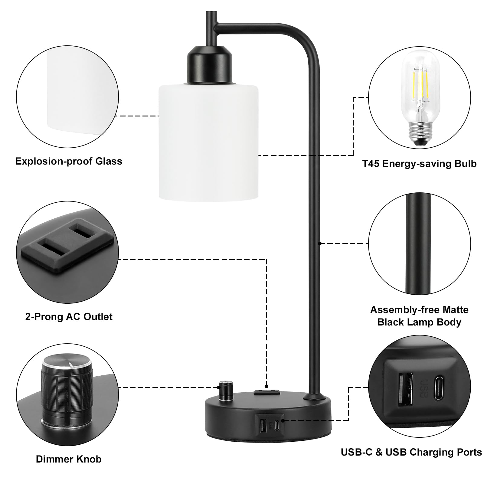 Innqoo Industrial Bedroom Lamps Set of 2 - Fully Dimmable, Opal Glass Shade, USB A/C Ports, Black, Model 2-2