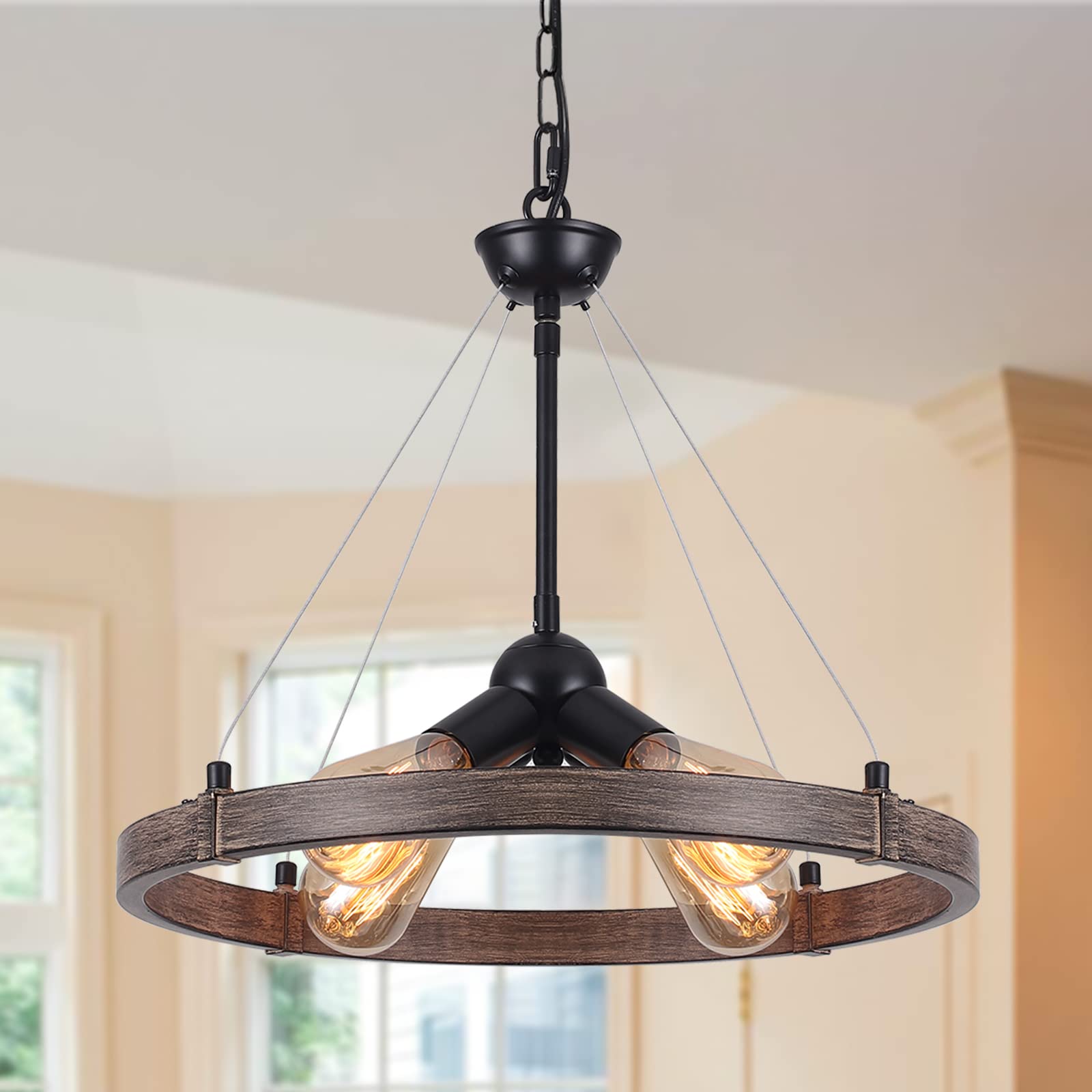 ZemSum 4 Lights Wagon Wheel Chandelier Light Fixture, 17.7    Farmhouse Chandeliers for Dining Room, Rustic Round Chandelier for