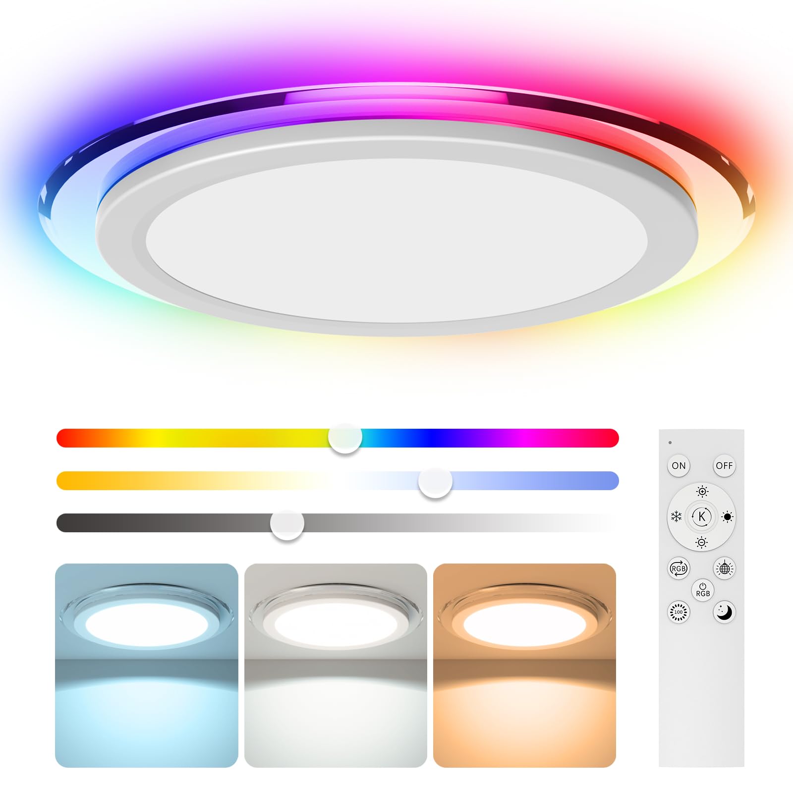 Aphyni 14.2 Inch Smart Flush Mount Ceiling Light, RGB LED Ceiling Light Fixture, 28W 2800LM Flush Mount Light Fixture, DIY Color