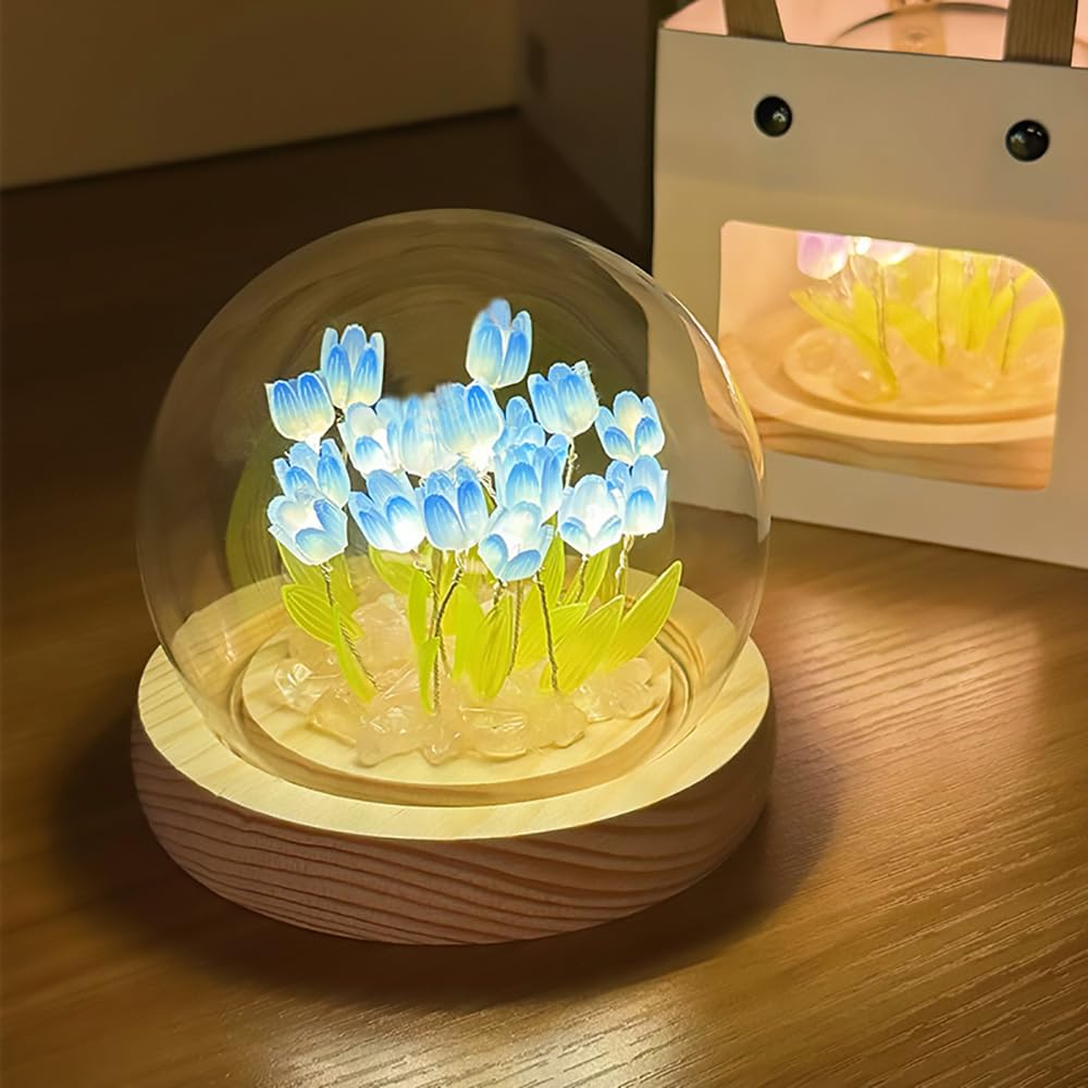 LOGAZOO Tulip Lamp Night Light - 20 Flower Table Decoration, Blue, Model XZH05PK, Handmade with Glass Dome for Bedroom and Desk