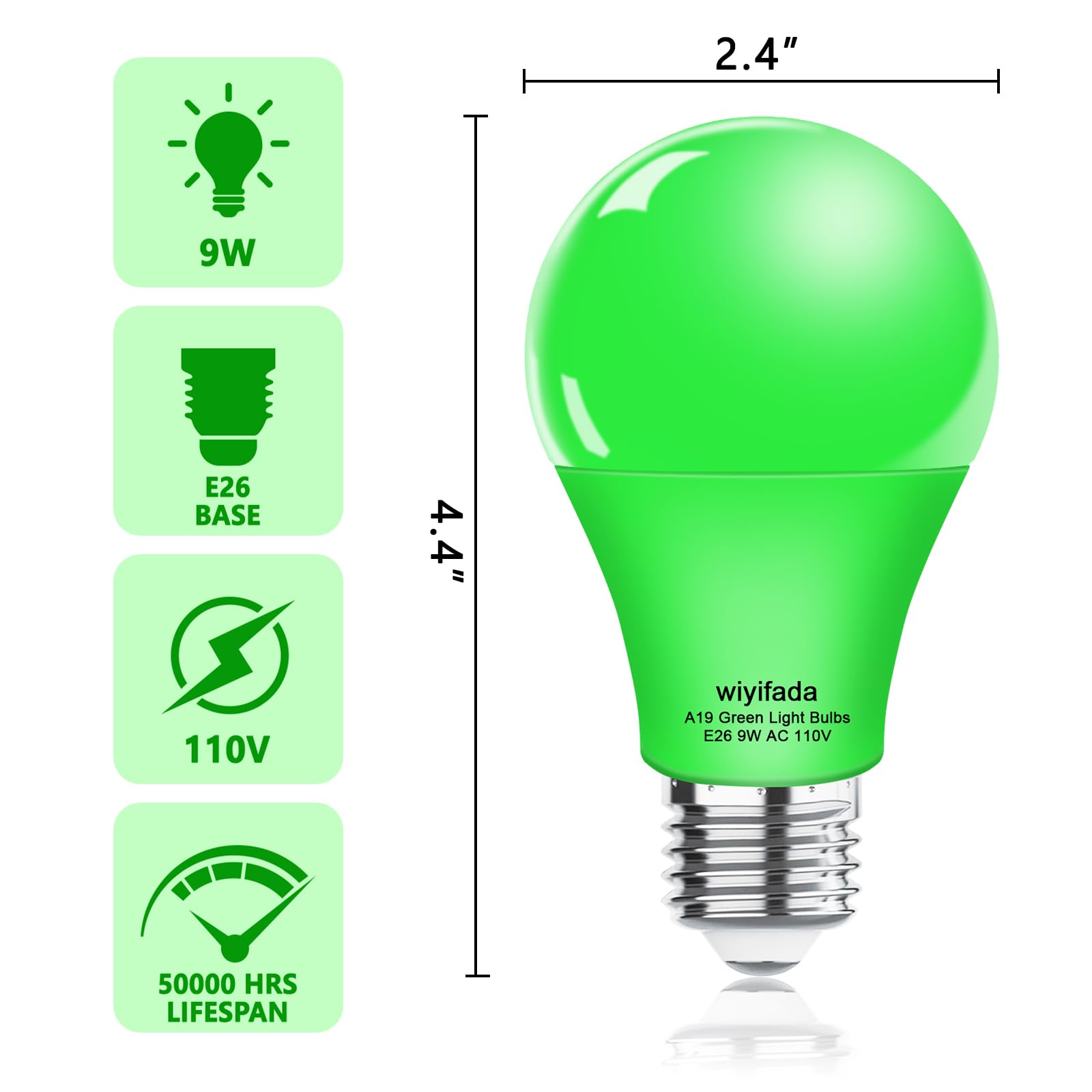 Wiyifada LED A19 Green Light Bulb 4 Pack, 9W E26 Base, Up to 100W Replacement, Ideal for Home, Party & Holiday Decor
