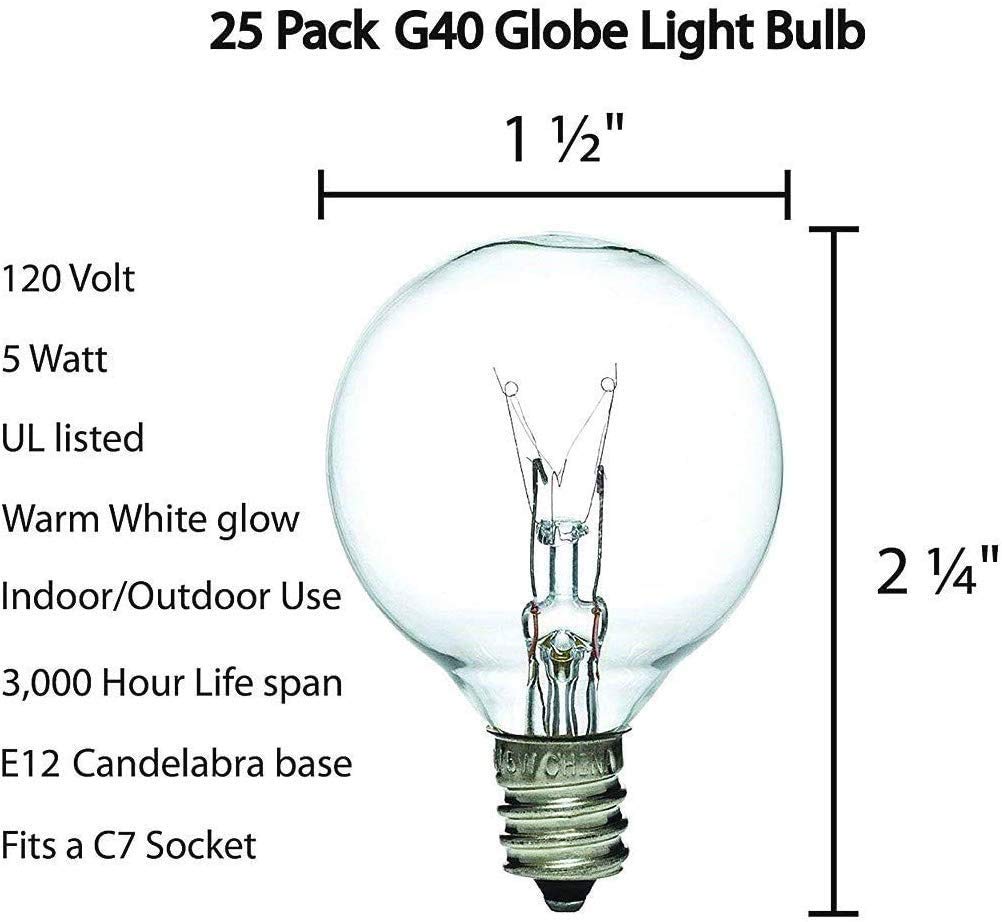 Konictom G40 Clear Globe Light Bulbs, 25 Pack, 5W C7 Socket For Indoor/Outdoor Decor