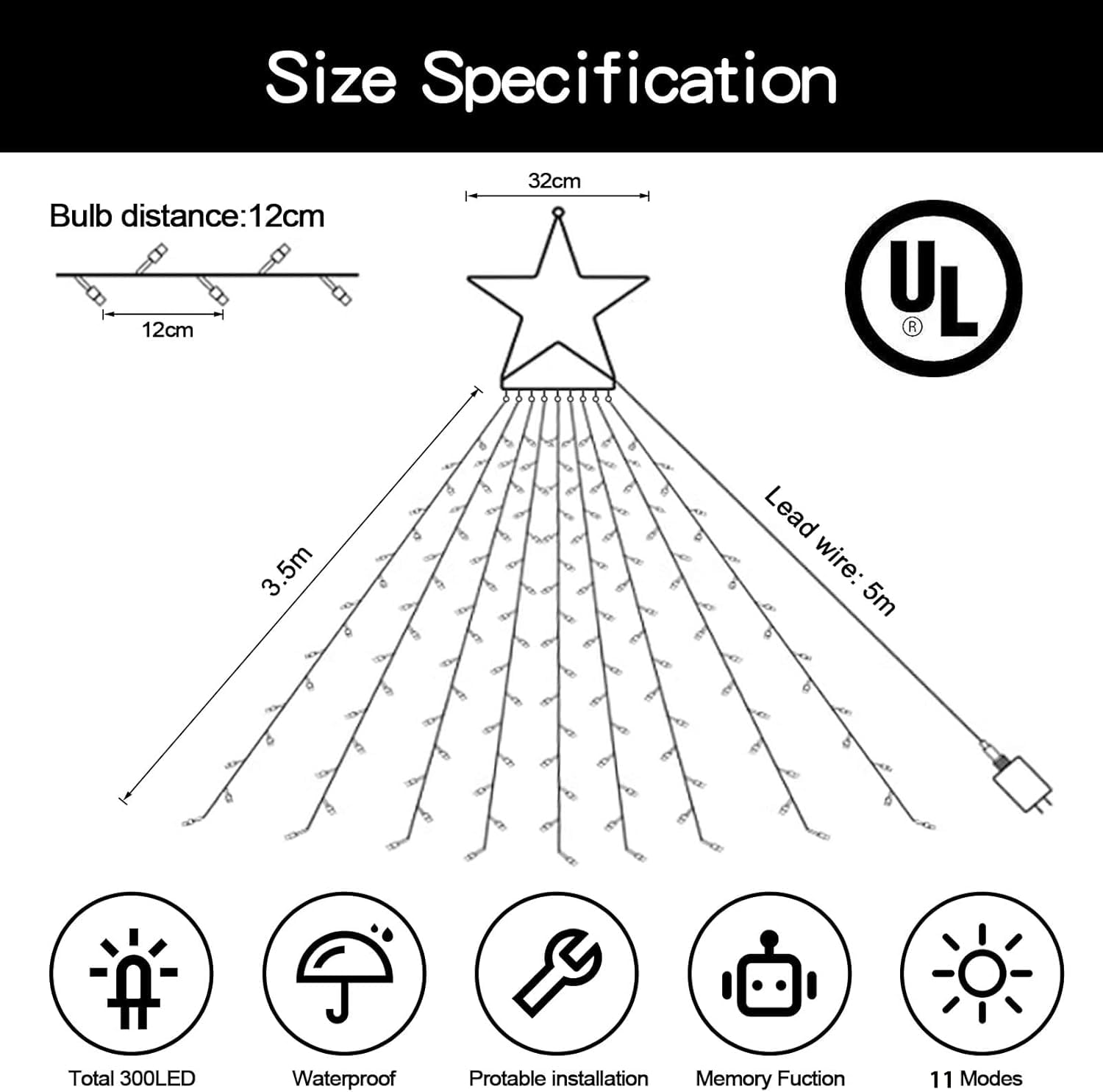 Xunxmas Christmas String Lights Outdoor Decoration 317 Led Star Fairy String Lights 11 Modes & Waterproof For Party Wedding Pati