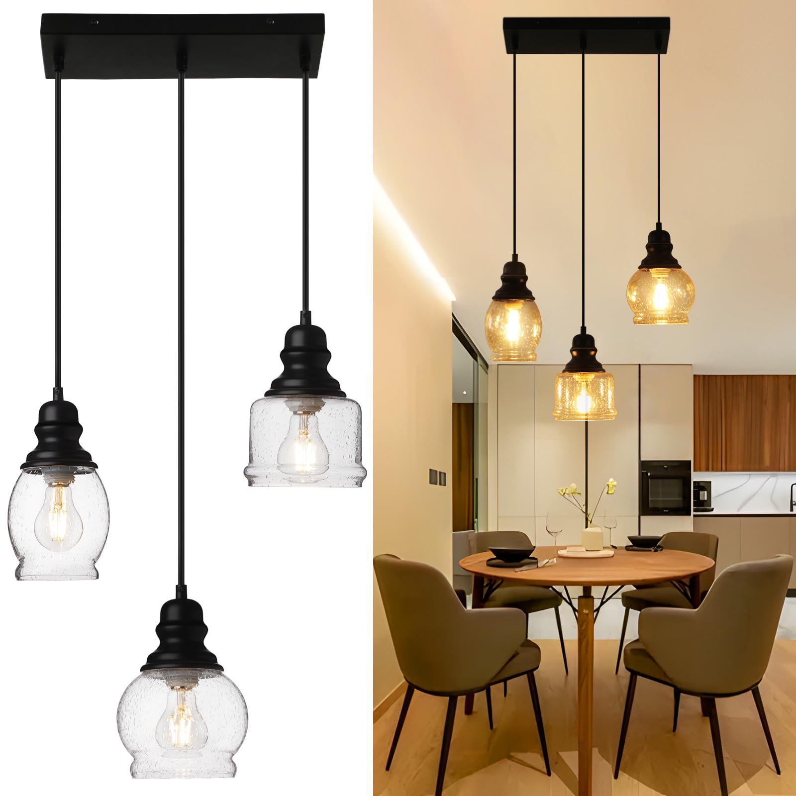 WILON Industrial Pendant Lighting, Pendant Lights for Kitchen Island 3 Light Glass Pendant Light Fixture with Seeded Glass Shade