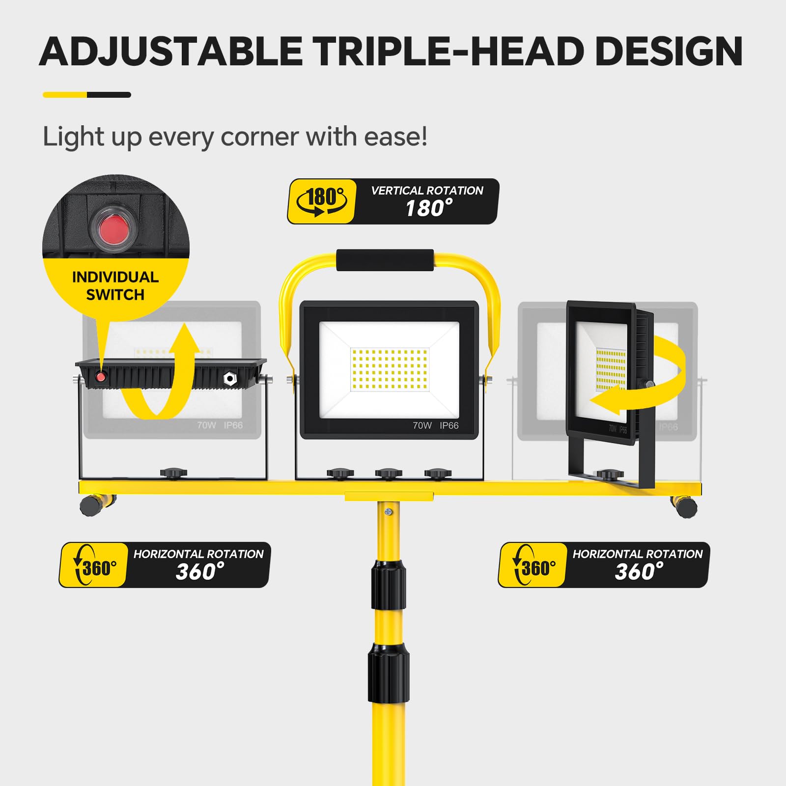 21000Lm Led Work Lights With Stand: 3 Head Portable Work Light With 16.5Ft Cord - Ip66 Waterproof Height-Adjustable Tripod Workl