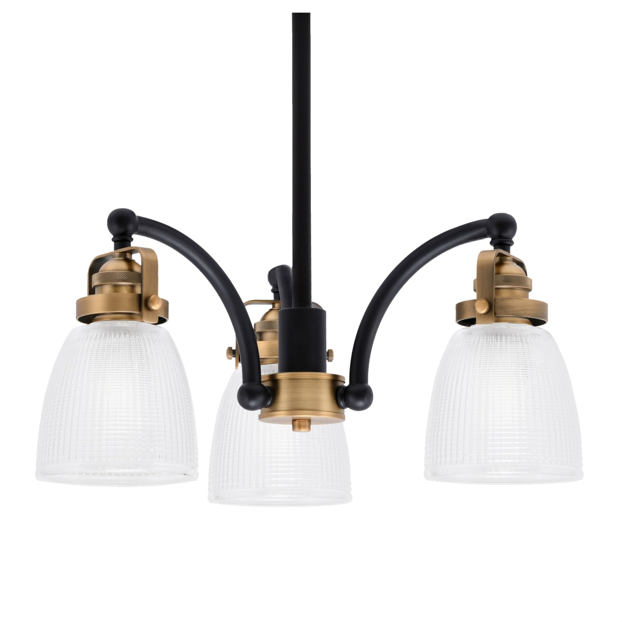 Easton Downlight, 3 Light, Chandelier Shown In Matte Black & Brass Finish With 5&quot; Clear Ribbed Glass