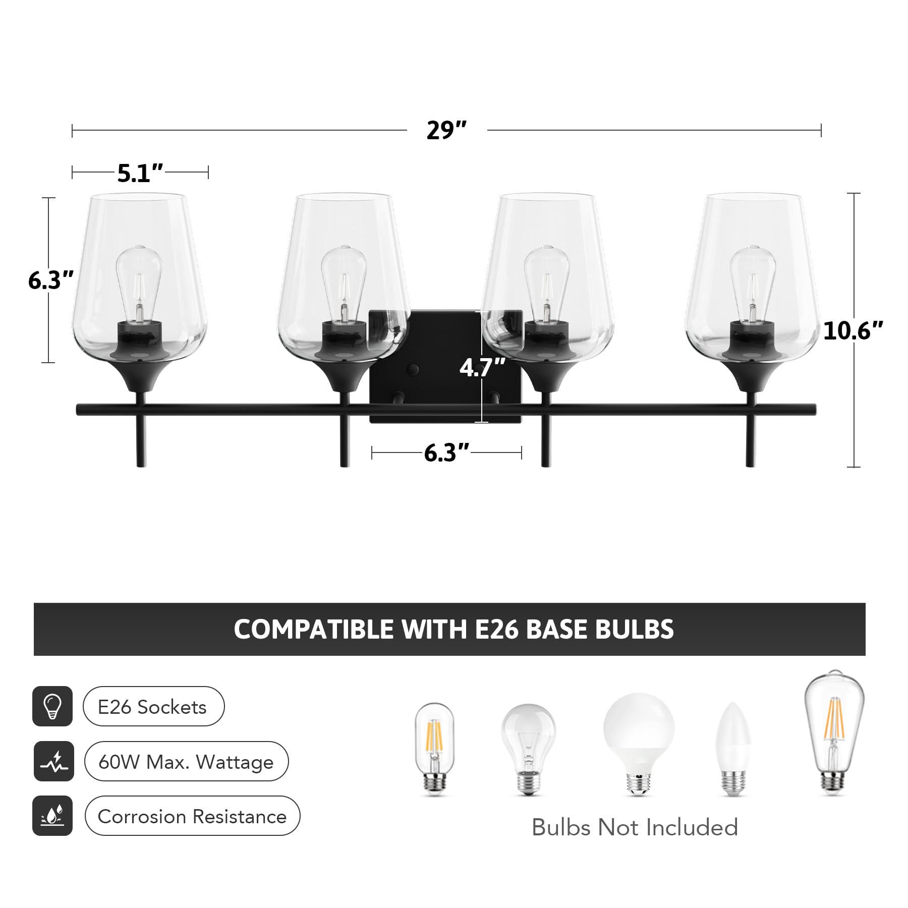 VONLUCE 4-Light Bathroom Vanity Light Fixture, Matte Black, Clear Glass, Model COZHCF280400NI