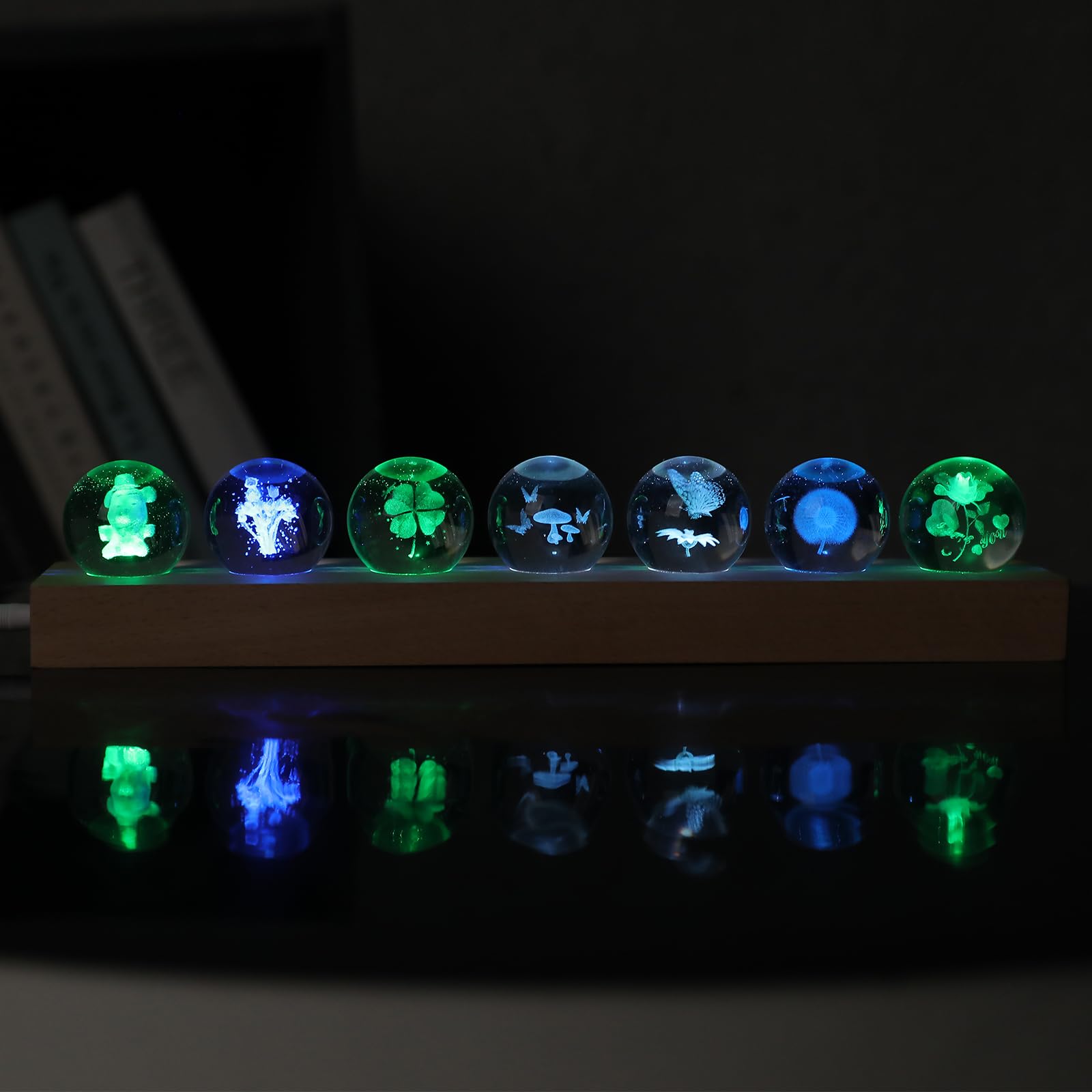 Dokscdlo 7 Pcs Flower Plant Crystal Ball Night Light Healing Spheres with LED Wooden Base, 3D Rose Chrysanthemum Mushroom Crysta