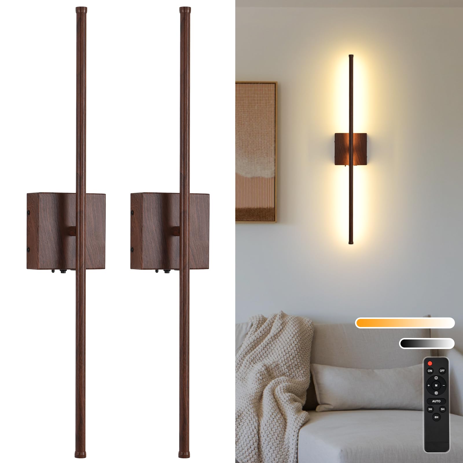 Battery Operated Wall Sconces Set of Two, 11000mAh LED Wireless Faux Walnut Finish Wall Lights with Remote, 350Rotate Dimmable W