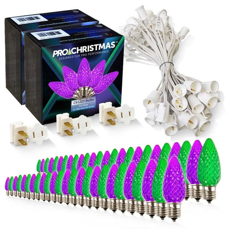 Pro Christmas C9 LED Christmas Light Kit for Rooflines & Pathways - DIY Cut to Length  Outdoor Commercial Grade (White Wire w/Vampire Plugs  50 Bulbs  50 ft) Purple and Green