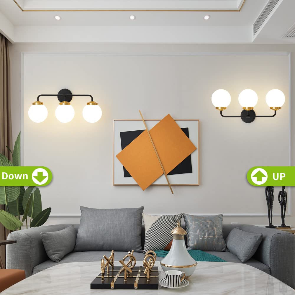 Deyidn Black Gold Bathroom Light Fixtures Above Mirror, Modern Vanity Lighting With White Glass Globe Shade 3-Light Farmhouse Wa