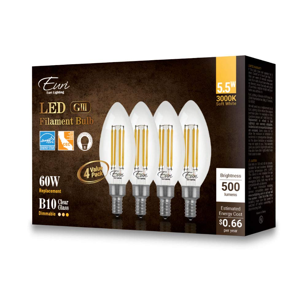 Euri Lighting Vb10-3000Cec-4 Led Filaments, Dimmable, Soft White 3000K, 5.5W (60W Equal), 500Lm, E12 Base, Enclosed And Wet Rate