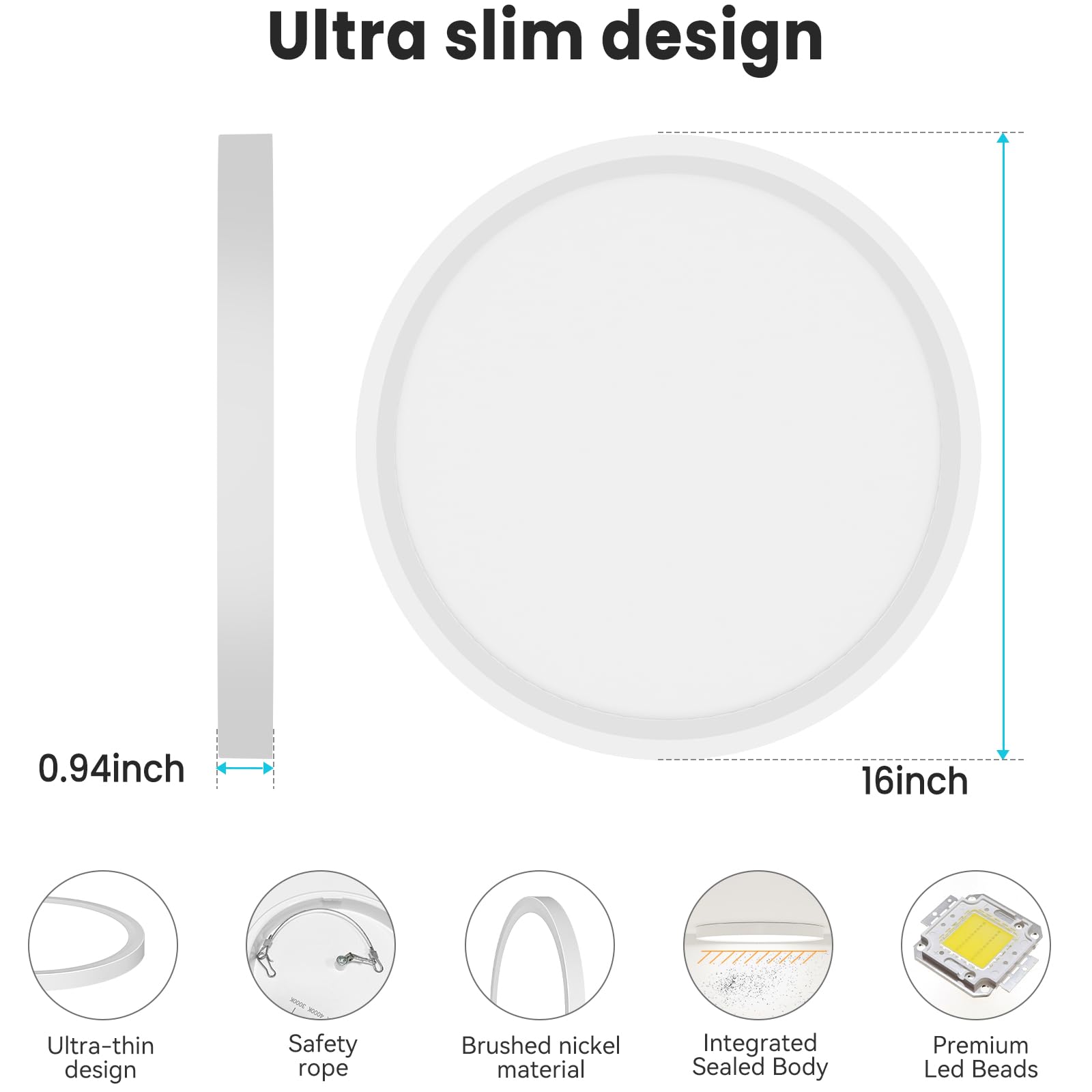 libtit 16-Inch LED Ceiling Light Fixture, 36W 3600lm, 3000K/4000K/6500K Adjustable, White Satin, Model CLS39A-W