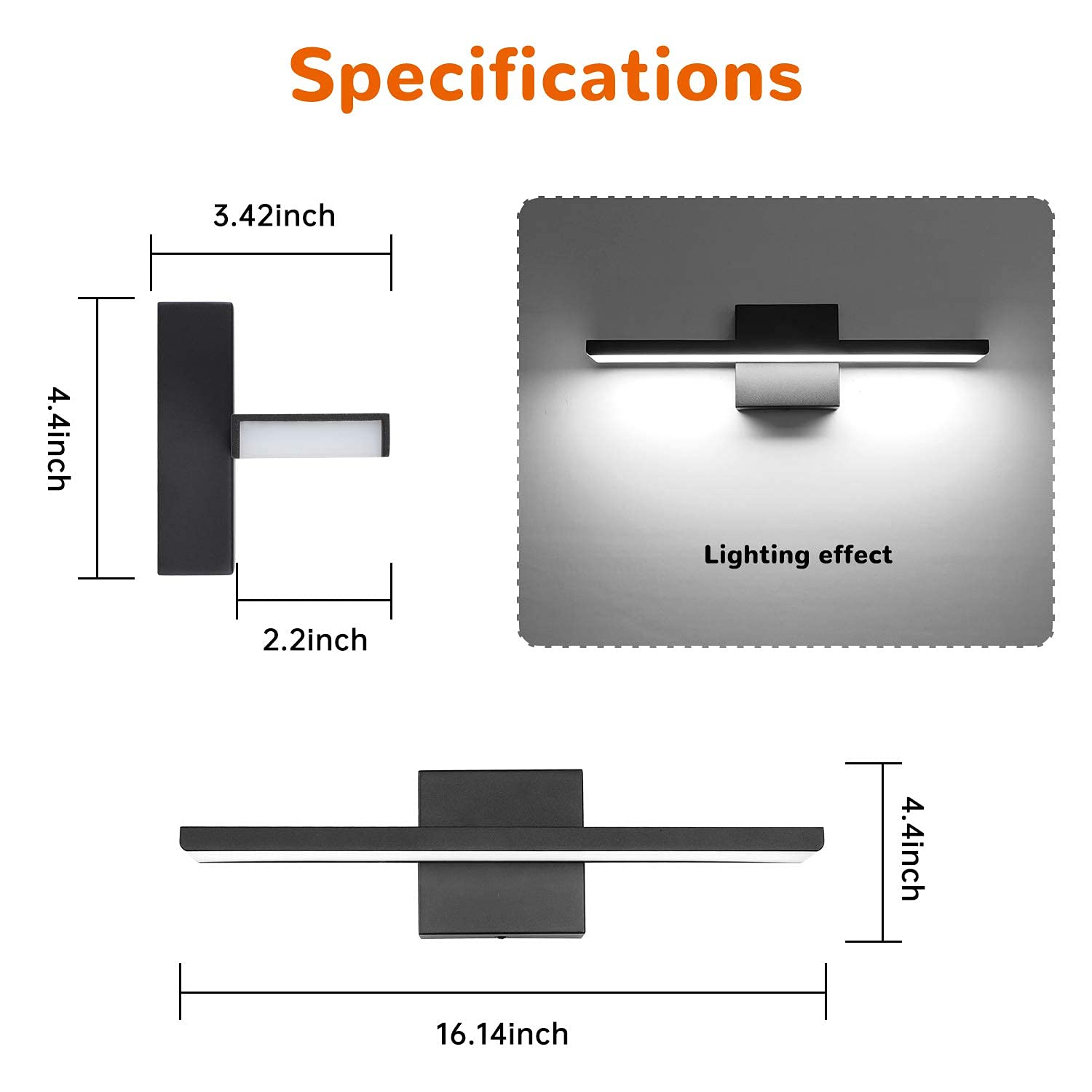 JUSHENG Modern Black Aluminum LED Bathroom Vanity Light Fixture 16W 16.14" Sconce for Mirror Lighting 6000K
