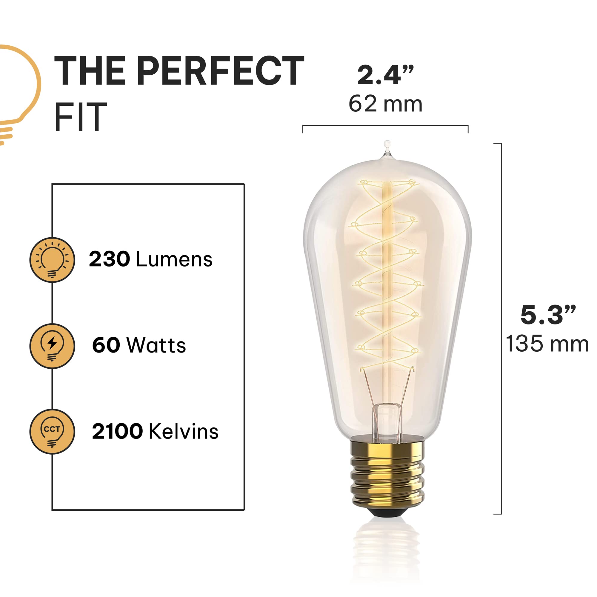 Hudson Vintage Incandescent Edison Light Bulbs 60W (6 Pack) E26/E27 Base 2100K Dimmable Decorative Lightbulbs - St58 Style Warm