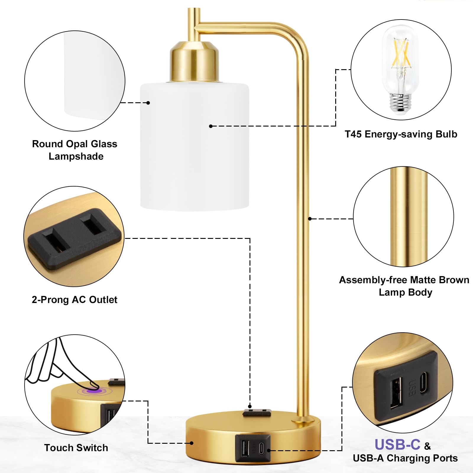 Innqoo Industrial Gold Table Lamps For Bedrooms Set Of 2-3-Way Dimmable Desk Lamp With Usb C+A Ports And Outlet, Gold Lamps With Opal Glass Shade For Living Room, Desk Lamps For Home Office