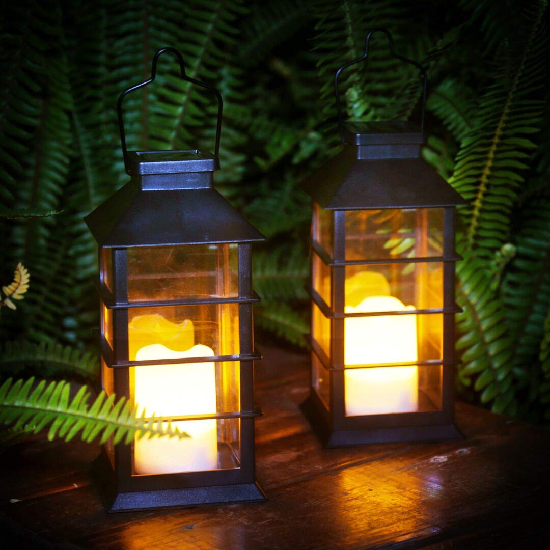 Newvivid 2 Pack Black Solar Powered Led Flickering Flameless Candle Lanterns For Outdoor Decor