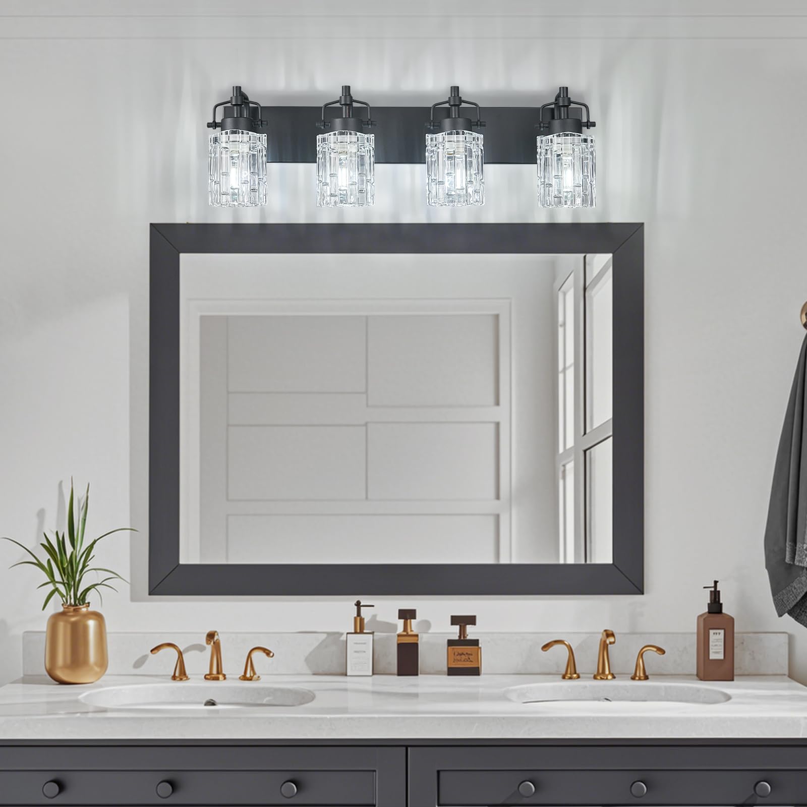 BNHHLZ Modern 4-Light Vanity Light - Black Metal Fixture with Crystal Glass Shade, Model 4132