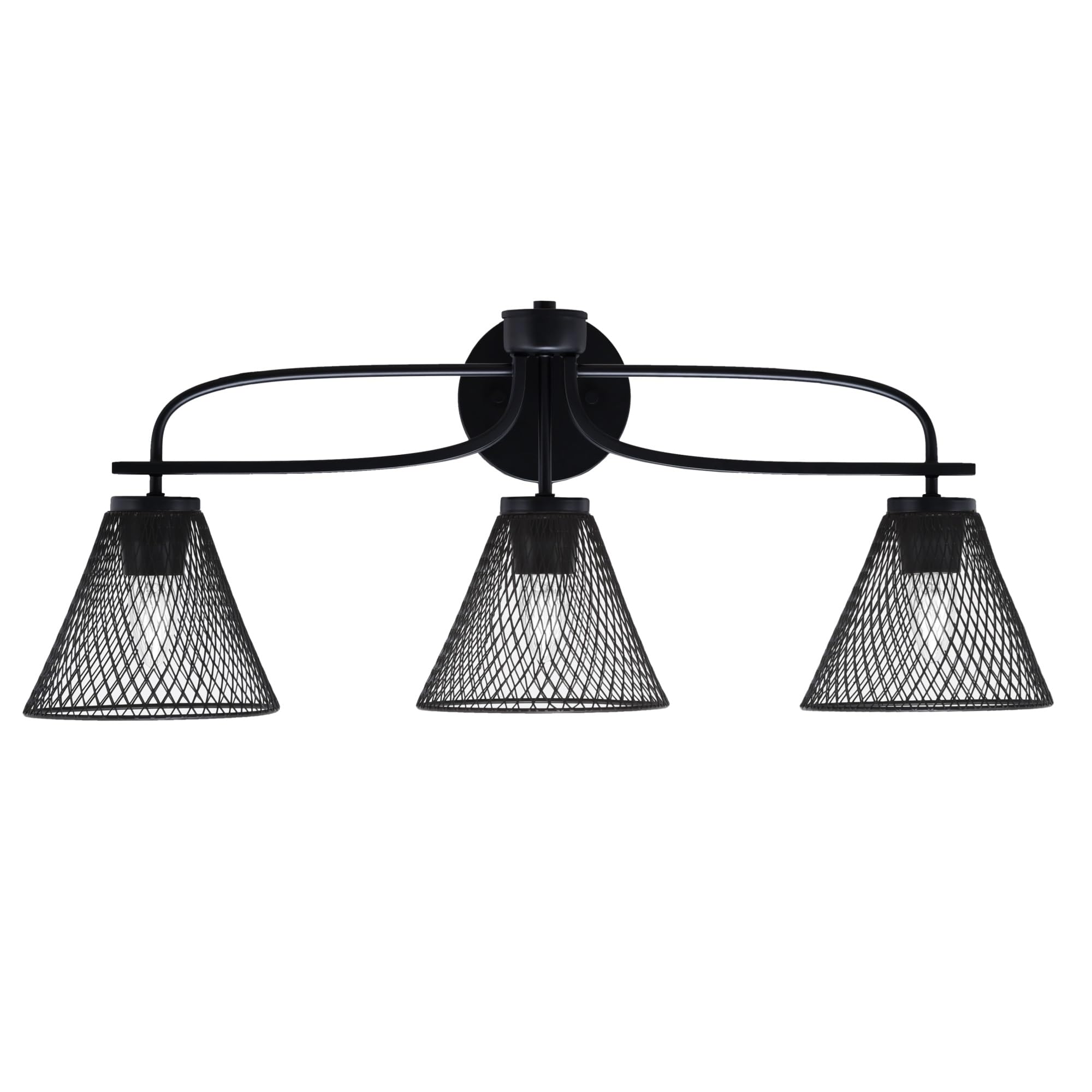 Cavella 3 Light Bath Bar Shown In Matte Black Finish With 7" Matte Black Cone Mesh Metal Shades