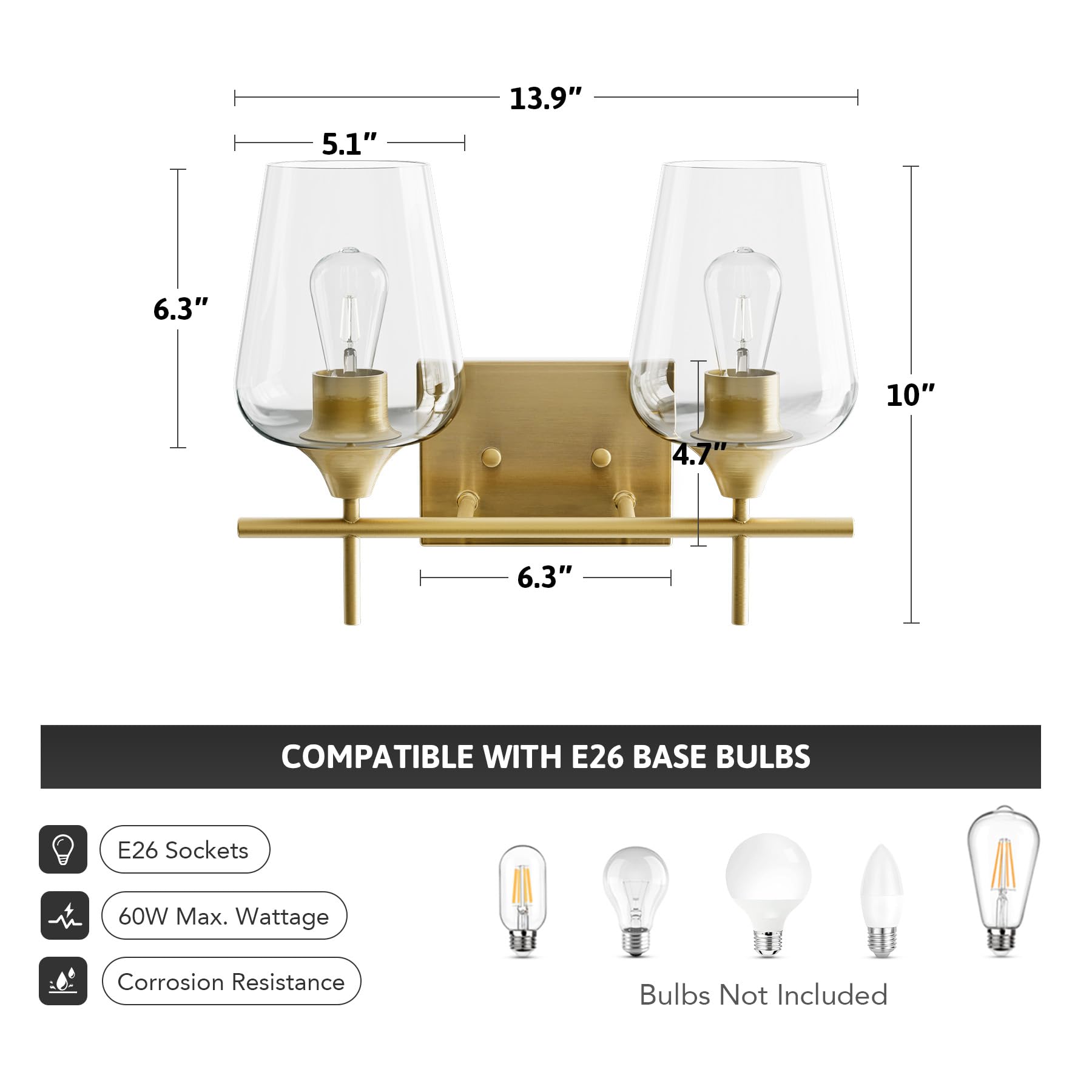 Vonluce Bathroom Vanity Light, 2-Light Bathroom Light Fixture Over Mirror, Vanity Light Fixtures With Clear Glass, Modern Wall S
