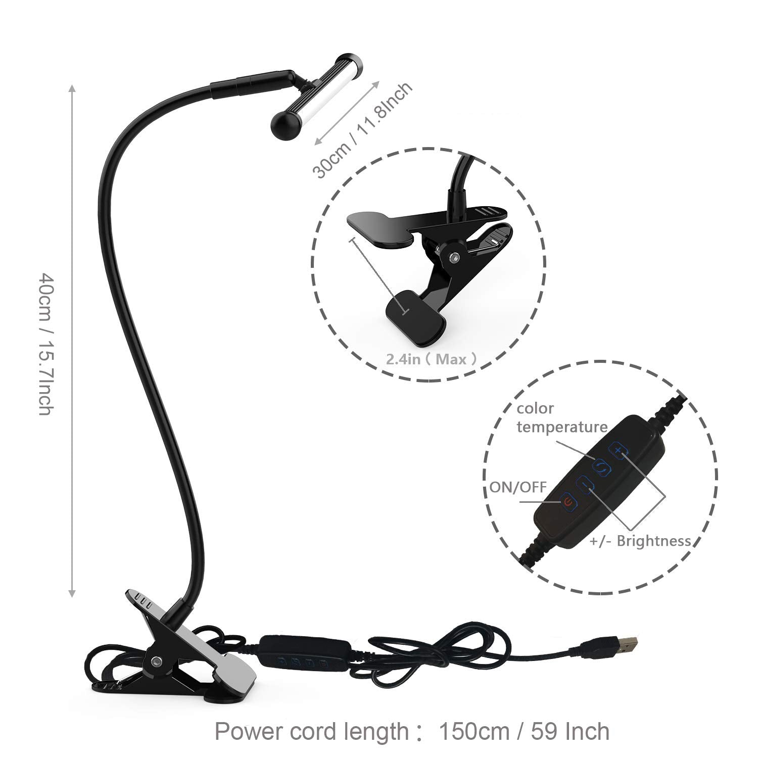 YOUKOYI LED Desk Lamp with Clamp, 10 Brightness Levels, 3 Color Modes, Flexible Gooseneck, Black