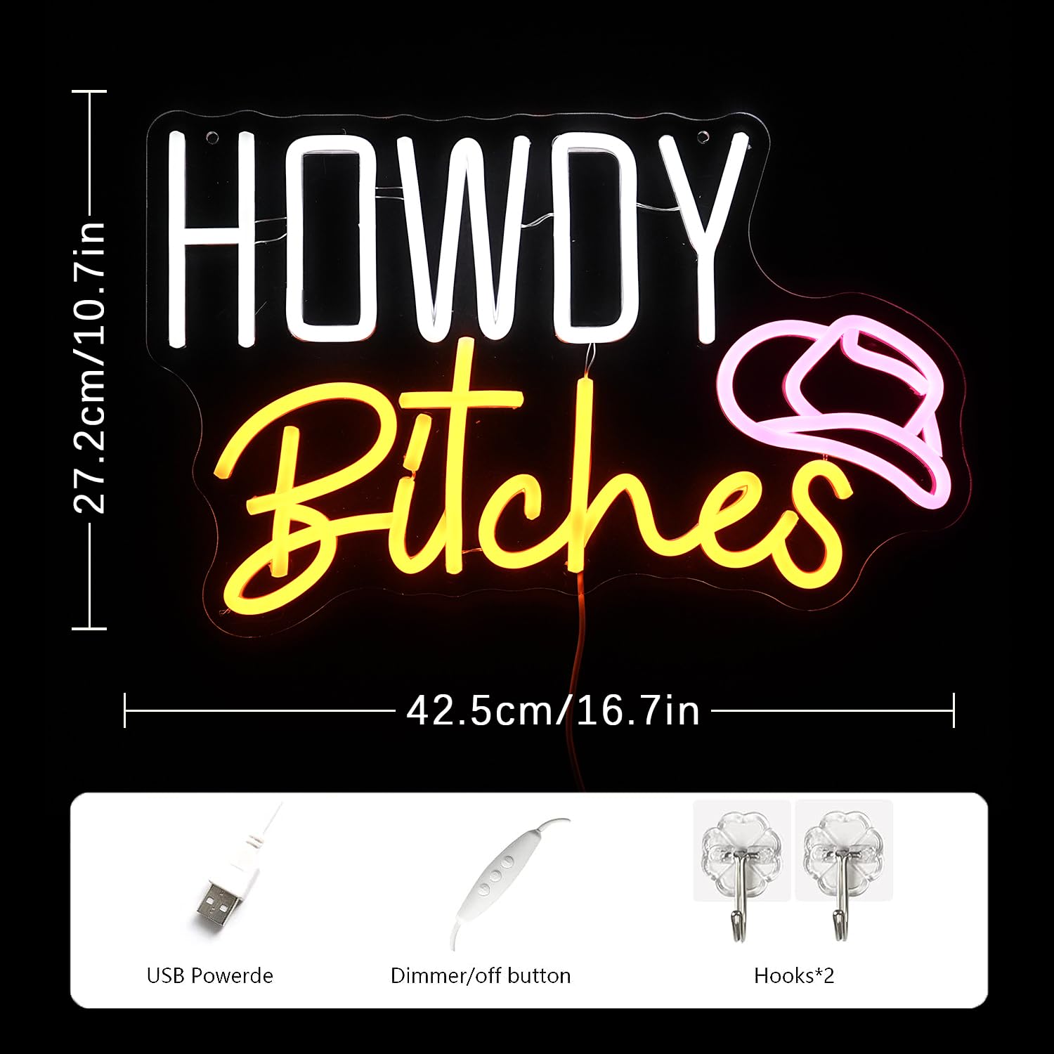 LMSIGNLY LED Neon Sign - Howdy Bitches Model, USB Dimmable, Acrylic Material, White Yellow Pink Color, Perfect for Dorm Decor