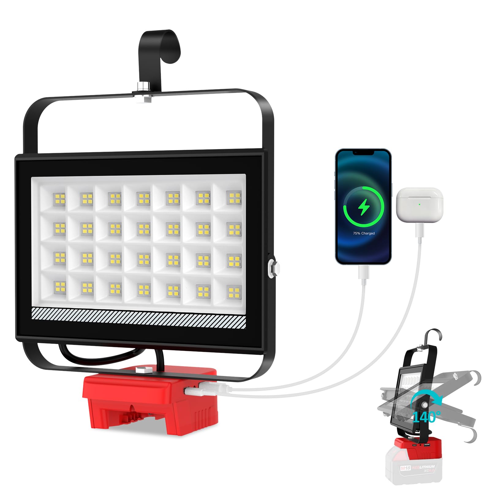 T-SUN 100W LED Work Light  Cordless Portable Light for Milwaukee 18V Battery(Not Included)  Work Lights with USB & Type C Charging Port  for Jobsite  Emergency  Garage  Car Repair