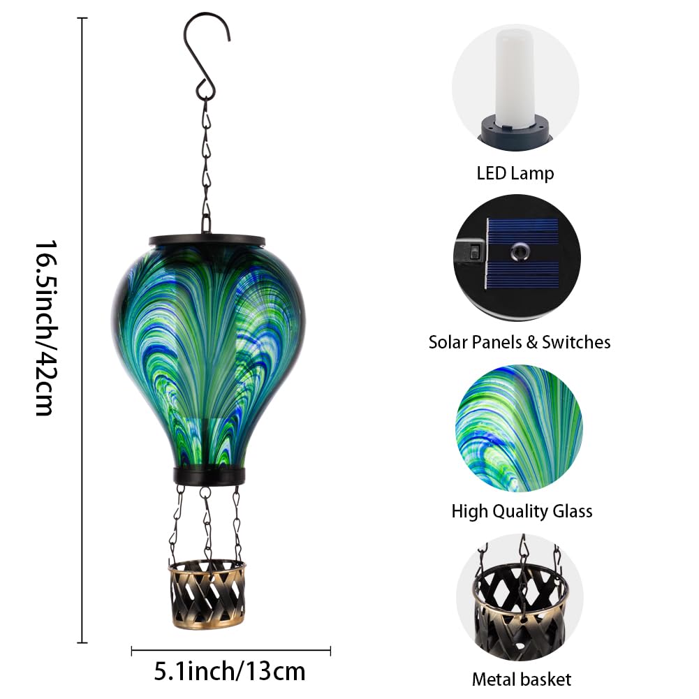 Starsoul Hot Air Balloon Solar Lantern Flickering Flame Light Tie-Dye Style Glass Solar Powered Hot Air Balloon Lamp Hanging Out