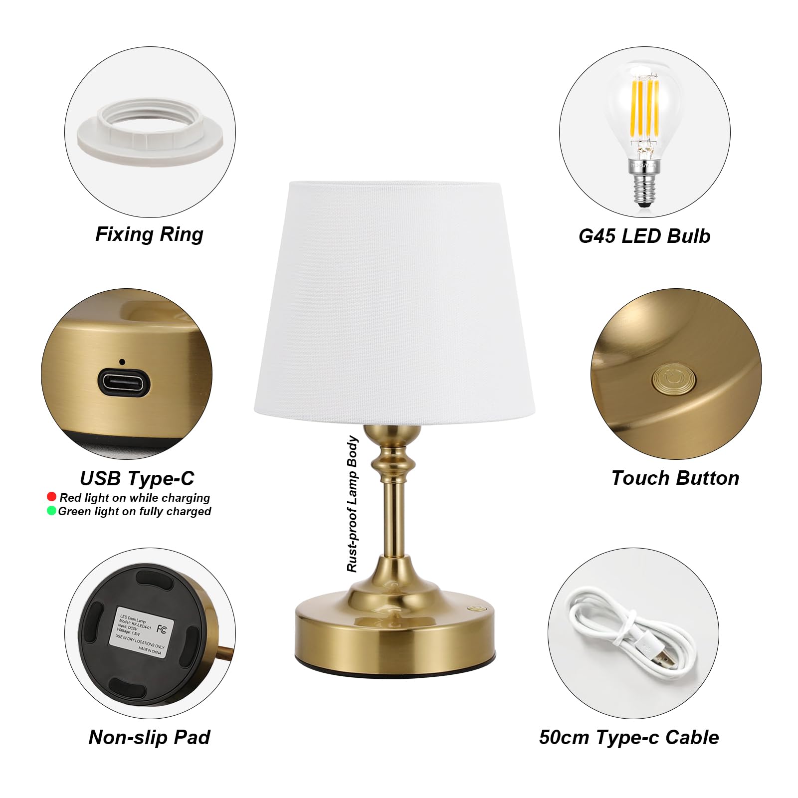 Kakanuo Mini Cordless Table Lamp Gold - 1 Pack 4000Mah Battery Operated Lamp For Decor, 3000K Stepless Dimming Touch Control Rec